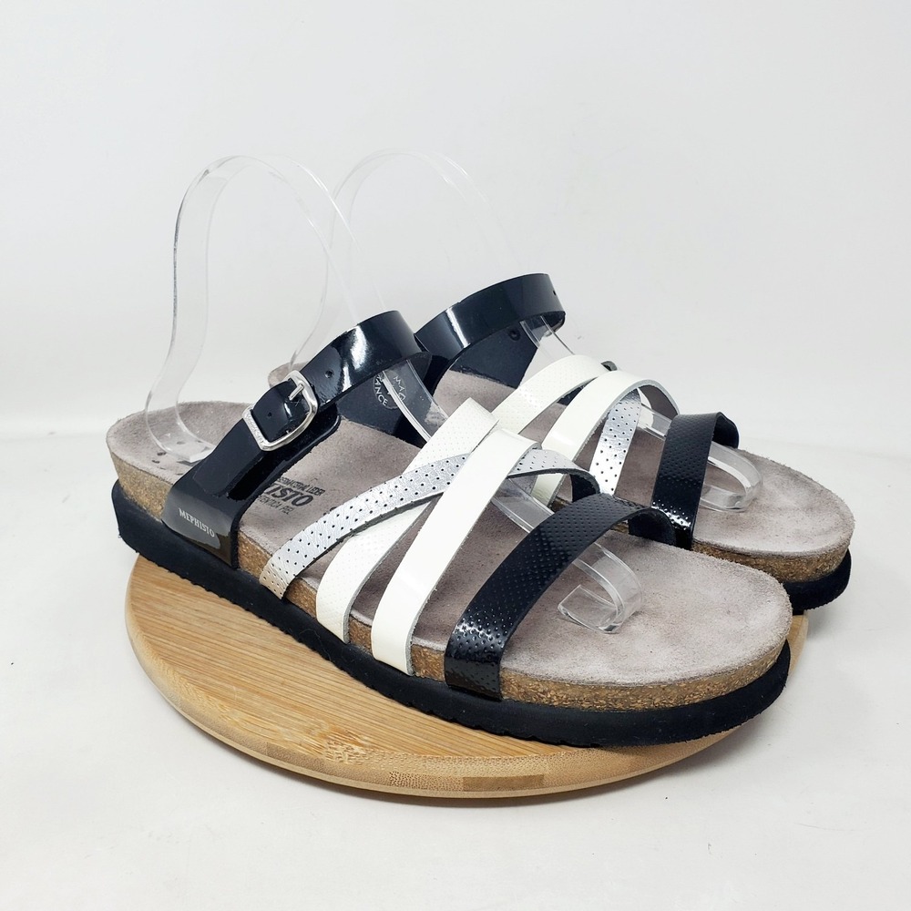 Mephisto Huleda Sandals Womens 40 Black SIlver White Patent Slide Buckle Shoes
